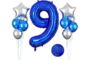FUNHOT Laser Blue Number 9 Balloon, 40 Inch 9th Birthday Balloons, 11Pcs Metallic Blue Latex Balloons Metallic Silver Star Balloons Glitter Giant 9 Foil Balloon for Boys Girls 9th Birthday Party Decorations