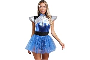 Yruioon Damen Alien Kostüm Space Girl Kleid mit Tüllrock Glänzend Metallic Kleid Weltall Astronauten Kostüm Halloween Karneval Fasching Party Outfits