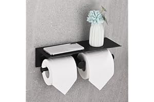 HANFU Porta Carta Igienica, Alluminio Doppio Portarotolo Carta Igienica con Ripiano, Porta Rotolo Carta Igienica Rotoli Cartaigienica da Parete Autoadesivo Senza Foratura per Bagno Cucina 31cm, Nero