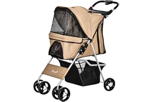 PawHut Passeggino per Cani Piccoli Pieghevole, Carrozzina per Cani con Ruote con Freni, Portabicchieri, Cestino Portaoggetti, 3 Finestre e Ruote Anteriori a 360°, per Animali Domestici 10 kg, Caffè