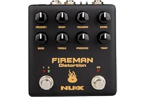 Nux NDS-5 Fireman AMP Distortion-Pedal, E-Gitarren Effektpedal (Modern Brown Sound, 2 unabhängige Volume und Gain Regler, 18V / 9V Kippschalter, True-Bypass & Buffer-Bypass Schalter), Schwarz/Gold