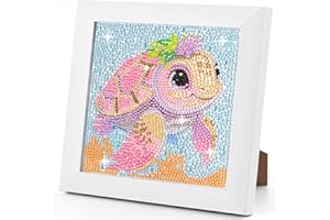 WuGU Diamond Painting Niños, DIY Pintura Diamante 5D con Marco de Madera, Juego Cuadros de Diamantes Cartoon, Regalos y Manualidades Niños Niñas 6 7 8 9 10 11 12 Años (Tortuga 18x18cm)