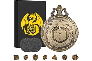 KELLER & WEBER Mini Juego de Dados DND, Estuche de Concha de Reloj de Bolsillo de Dragón Steampunk Bronce, Dados D&D Metálicos Poliédricos de 7 Piezas, Regalos de DND, Accesorios de Juegos de rol