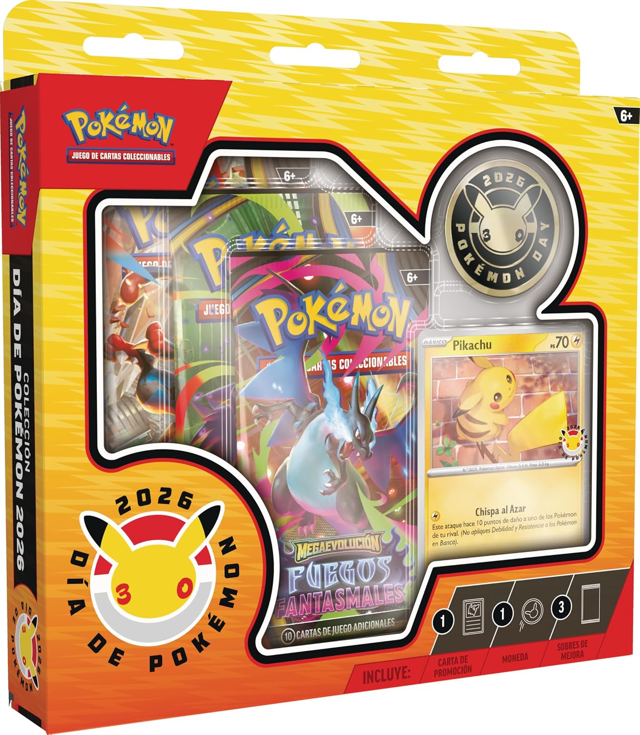 Pokémon: Colección Día de Pokémon 2026 (1 Carta holográfica de promoción, 1 Moneda y 3 Sobres de Mejora)