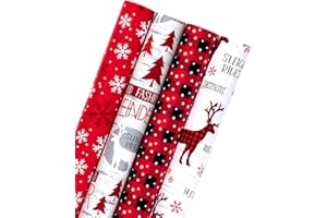 RUSPEPA Rollo de Papel de Regalo Navideño - Escenas Rústicas de Bosque Navideño - Copo de Nieve, Patrón a Cuadros, Renos - 4 Rollos - 76 cm X 305 cm Por Rollo