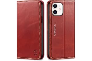 SHIELDON Cover per iPhone 12, Custodia iPhone 12 Pro Vera Pelle Portafoglio Slot Schede Blocco RFID Resistente Cover Cavalletto Flip Caso Magnetico Compatibile iPhone 12/12pro (6,1" 2020), Rosso Retrò