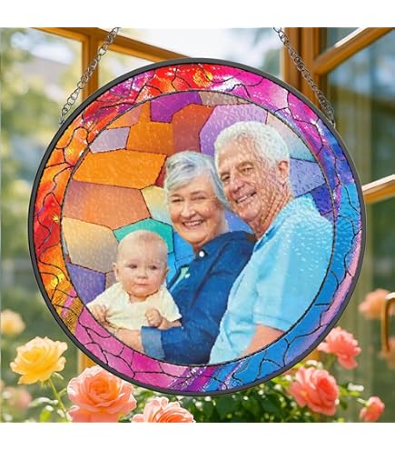 Window Hanging Suncatcher Personalized Grandma And Grandkids Portrait Faux Stained Glass, Custom Family Photo , Mother's Day Gift For Grandma Custom Stained Glass Suncatcher