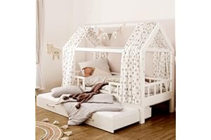 ‎PUCKDADDY Puckdaddy® Carlotta Hausbett 90x200 mit Ausziehbett, Rausfallschutz u. Lattenrost | FSC®- zertifiziertes Kiefernholz Kinderbett 90x200 Weiß inkl. Unterbett