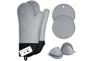 Sopito - Set di 6 guanti da forno in silicone, resistenti al calore, extra lunghi, antiscivolo, per cucinare, cuocere, forno, forno a microonde, forno a microonde