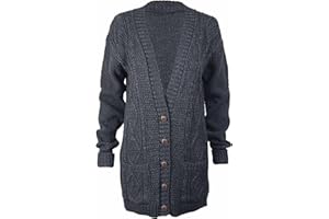PURPLE HANGER New Womens Everyday Long Sleeve Button Top Ladies Chunky Aran Cable Knit Grandad Cardigan