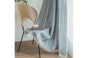 Sutuo Home Boho Curtain Striped Embroidery for Bedroom Living Room Patio, Semi-Blackout Linen French Country Vintage Chic Tassels Hollow Window Treatment Bohemian Drape, 1 Panel 52" W x 108" L, Blue