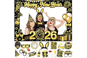 LECONCES New Years Eve Decoration 2026, Giant Happy New Year's Selfie Frame, 18pcs New Years Photo Booth Props, Paper New Year's Party Photo Booth Frame, Funny NYE Party Supplies