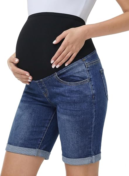 Gowjog Pantalones vaqueros cortos de maternidad, pantalones vaqueros por encima del abdomen, dobladillo doblado, pantalones cortos de maternidad - 1