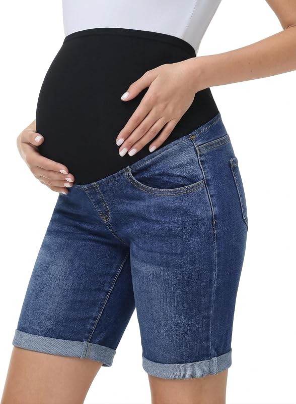 Gowjog Pantalones vaqueros cortos de maternidad, pantalones vaqueros por encima del abdomen, dobladillo doblado, pantalones cortos de maternidad