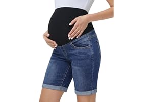 Gowjog Pantalones vaqueros cortos de maternidad, pantalones vaqueros por encima del abdomen, dobladillo doblado, pantalones cortos de maternidad