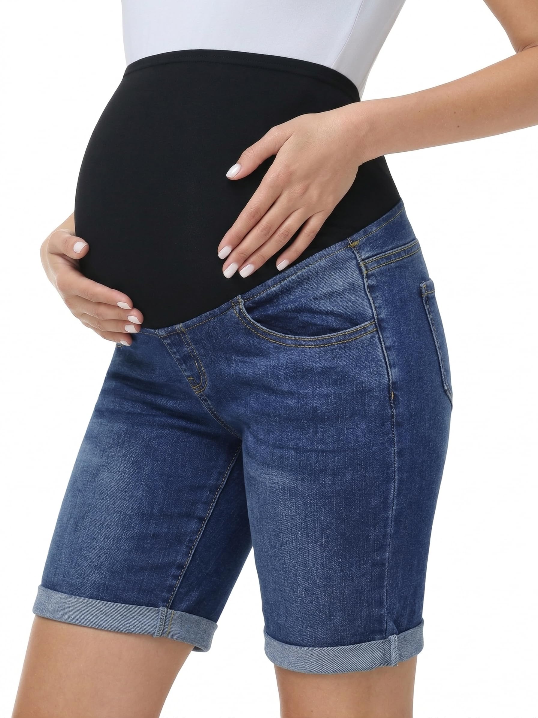 Gowjog Pantalones vaqueros cortos de maternidad, pantalones vaqueros por encima del abdomen, dobladillo doblado, pantalones cortos de maternidad - 1