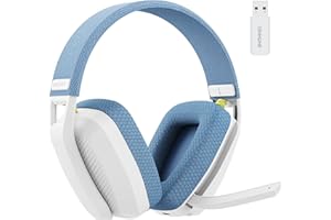 BINNUNE Casque de Jeu sans Fil 2,4 GHz avec Micro pour PS5, PS4, PC, Mac, Playstation 4 5, Casque de Jeu Bluetooth avec Microphone Rabattable, Casque de Jeu pour Ordinateur Portable, Bleu & Blanc