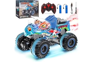 MOJINO Monster RC Truck for Kids Boys Age 6-10, 1:16 Dinosaur Toy Gift with Spray Lights, All Terrain Drift Car, 60Min Play Time, Blue