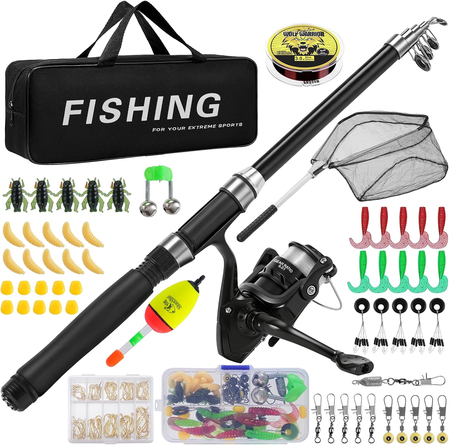 Lomffy Juego Combinado de Carrete y Caña de Pescar Telescópica, 1.8m Kit de Caña de Pescar Portátil con Red de Pesca Caña de Pescar Telescópica con Carrete con Línea Señuelo Bolsa de Transporte