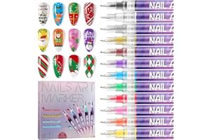 EBANKU 12 Couleurs 3D Stylo Nail Art Graffiti Pen, 0.5mm Stylo Vernis à Ongles Pointes Fines, DIY Manucure Décoration Dotting Pen Beauté Orner Outils de Manucure pour Halloween Noë