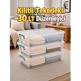 3&rsquo;l&uuml; Set 30 LT Kilitli Tekerlekli Saklama Kutusu Şeffaf Yatak Altı D&uuml;zenleyici Kutu 63x40x18 cm