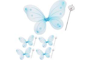 Relaxdays 5 x Feenflügel mit Zauberstab, Fee Kostüm Kinder, Flügel & Zepter, Elfen Kostüm Glitzer, Mädchen, Feenset, blau & Silber