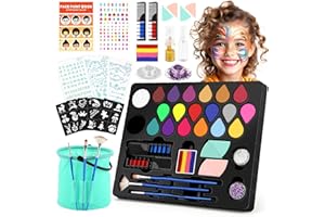 Dreamon Truccabimbi Kit 20 Colore Truccabimbi Kit Anallergici Atossici con 6 Adesivi 3 Stencil 1 Secchio Pieghevole Adatto per Trucco Bambina Halloween Carnevale Feste Natale
