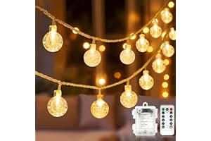 metaku Lichterkette, LED-Lichterkette, warmweiß, 6 m, 50 LEDs, Kristallkugel-Lichterkette, Batterie mit Fernbedienung, 8 Modi, wasserdicht, außen, innen, Weihnachts-Lichterkette für Zimmer, Party, Gar