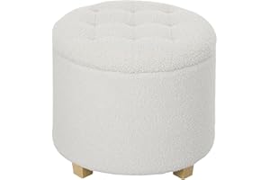 ‎HOMCOM HOMCOM Sitzhocker mit Stauraum, Kleiner Hocker mit Deckel, Runder Fußhocker mit Holzbeinen, Kaschmiroptik, Polsterhocker für Wohnzimmer Schlafzimmer, 45 x 45 x 41 cm, Weiß