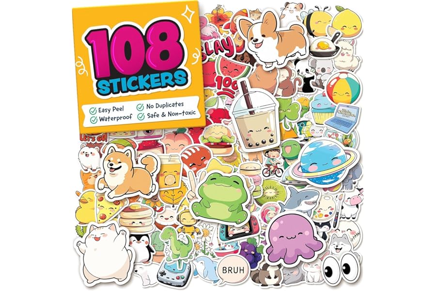 Kawaii Water Bottle Stickers for Kids & Teens - 108pc Cute, Waterproof Vinyl Stickers - Easy Peel, Reusable - Teacher Reward, Classroom Supplies, Scrapbook, Laptop