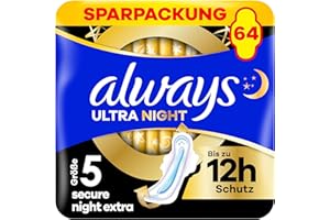 ‎ALWAYS Always Ultra Secure Night Damenbinden (Größe 5) mit Flügeln 64 Stück, Super Saugfähig Und Ultra Dünn, für Die Periode