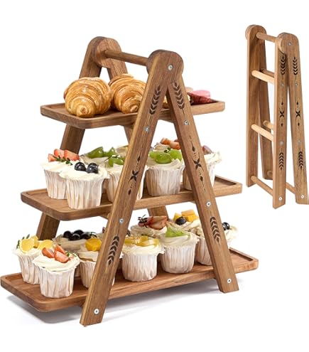 Houten etagère met 3 niveaus, 36 x 25 cm, grote taartstandaard, serveerstandaard voor
