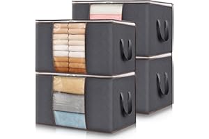 Lifewit 4 Stück Aufbewahrungstasche, Aufbewahrungsbox mit Deckel, Kleiderschrank Organizer Faltbare Kleideraufbewahrung Umzugskartons mit Verstärkt Griff für Bettdecken Kleidung Decke, Grau