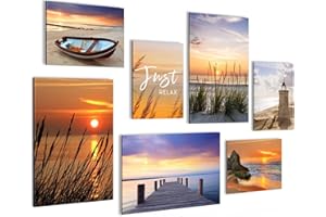 Novart Set de Decoración de Pared con Cuadros Playa con Puesta de Sol Relajante Cuadro - LISTO PARA COLGAR - No Necesita Marco - Dormitorio Salón Cocina - N029572a