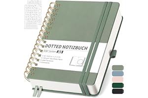 ‎RETTACY RETTACY Notizbuch A5 Dotted, Bullet Dot Journal mit 100 g/m² Dickem Papier, 150 Blatt, Notebook für Büro und Schule, Lederhülle, Hellgrün, 14.8 cm x 21 cm