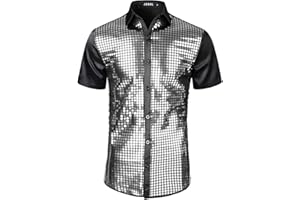 JOGAL Mens Dress Shirt Sequins Short Sleeve Button Down 70s Disco Shirt Party Costume