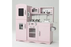 KIDOZ ONLINE KIDS SHOP KIDOZ Signature Kids Wooden Kitchen, Large Pretend Role Play Kitchen With Realistic Oven, Microwave and Sink With Taps, Kitchen Playset With Sounds And Lights For Kids (Pink Kitchen With Utensils)