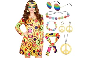 OKABAY 8PCS 70s Fancy Dress Women Set, 70s Hippie Dress Costumes Necklace Earrings Sunglass Women Disco Outfit, 60s Party Costume, Womens Hippie Costume for Carnival Cosplay Party