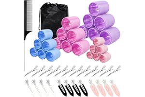 Euablfo 50 Pezzi Bigodini per Boccoli, 24 Bigodini per Volume, 4 Misure (60/48/36/25 Mm), Autoadesivi per Capelli Lunghi, Medi e Corti