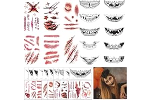 TBCZVX 20 Sheets Halloween Tattoos, Halloween Scar Tattoo Fake Blood Sticker, Realistic Makeup Wound Suturing Scars Fake Tattoo, Suitable for Halloween/Role-Playing/Zombie Prank Parties Tattoo Stickers