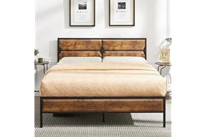 VECELO Double Bed Frame Metal Platform with Wooden Headboard & Footboard Mattress Foundation Strong Metal Slats Support No Box Spring Replacement/Easy Assemble