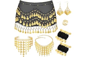 Otuuz 8 Pezzi Set di Accessori per Danza del Ventre da Donna Cintura Avvolgente Sciarpa con Monete d'Oro Set di Gioielli Indiani Orecchini Boho Copricapo Braccialetto per Festa Carnevale