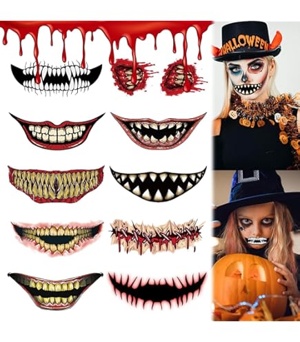 Tatouages Temporaires Halloween Bouche/visage - Effets 3D Réalistes, Imperméables, Pour Maquillage Cosplay Effrayant