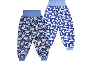 FLYISH DIRECT Calzones de Entrenamiento Niño Reutilizables, Pantalón para el Orinal Niño Cintura Alta, Braguitas de Aprendizaje Algodón, 2 Pares, 7-9 Años, Dinosaurio y perro, XL