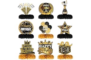 NQEUEPN 9pcs Black and Gold Birthday Centerpieces for Table - Happy Birthday Table Decorations Honeycomb Centerpieces for Party Supplies