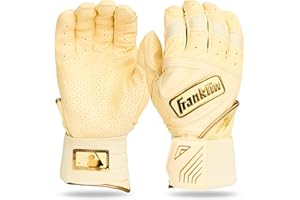 Franklin Sports MLB Batting Gloves - Infinite Powerstrap Baseball Batting Gloves - Durable Full Wrap Cage Practice Gear - Long Cuff Wrist + Heavy Duty Leather - Vanilla/Gold - Adult Small