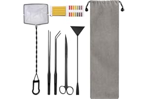 ZHAOYAO Coolrunner 6 in 1 Aquatic Plant Aquascaping Tool Stainless Steel Tweezers Scissors Spatula for Fish Tank Clean Aquascape Tools Sets with Fishing net, 80p PH Paper(Black)