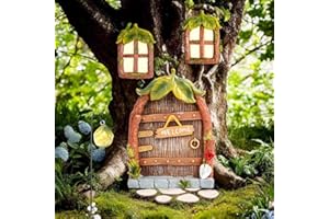 RUNEAY Feentür und Baumtür für Gärten, Harz Miniatur Feengarten Elfen Tür, Im Dunkeln Leuchtende Garten Wichteltür Gartendeko für Draußen Yard Bäume