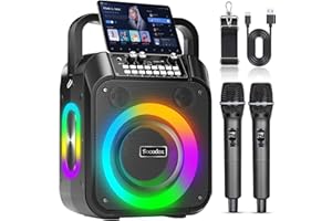 SOCODOX Karaoke Maschine,30W Tragbare Bluetooth Lautsprecher mit 2 Drahtlosen Mikrofon,6000mAh Akku 8H Spielzeit,TWS-Stereo,RGB-Lichter,Dual Bass Boost PA System für Erwachsene,Kinder,Partys,Gesang,DJ/Events