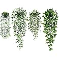 JPSOR Fake Hanging Plants 4 Pack Artificial Hanging Plants Fake Potted Plants, Faux Hanging Eucalyptus Greenery Mandala Vines, Pothos Ivy for Wall Shelf Decor Patio Garden Indoor Outdoor